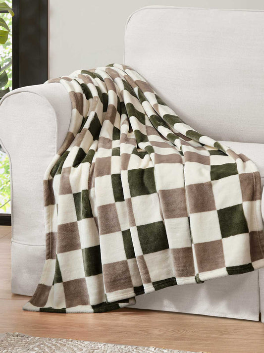 Emery Checkerboard Plush Throw in Olive & Grey