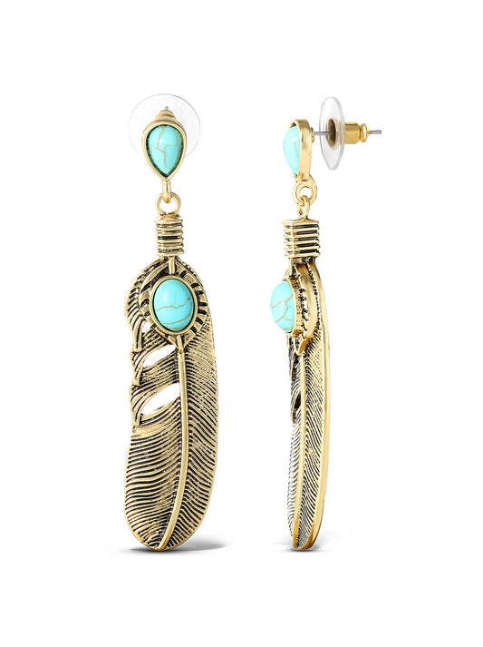 Turquoise Stone Feather Drop Earrings