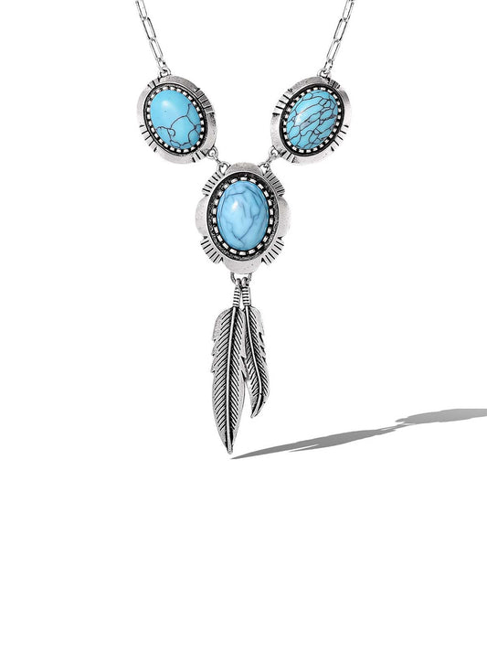 Boho Turquoise & Feather Pendant Necklace