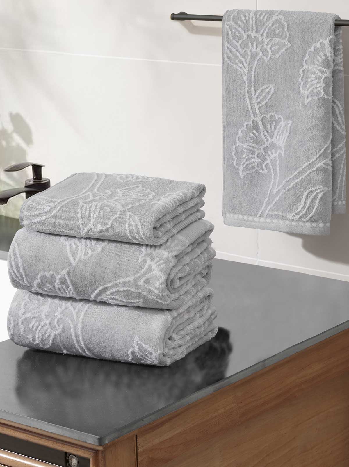 Floral Fan Bath Towels 4-Piece Set in Antarctica Grey