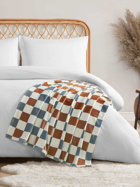 Emery Checkerboard Plush Throw in Rust & Grey