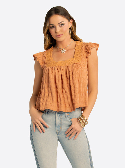 JS Jessica Simpson Dani Lace Trimmed Blouse in Camel