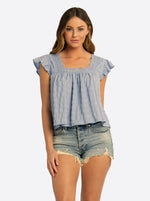 JS Jessica Simpson Dani Lace Trimed Blouse in Forever Blue