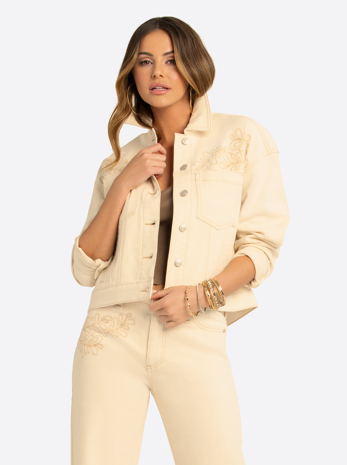 JS Jessica Simpson Pleat Back Denim Jacket  in Undyed Natural