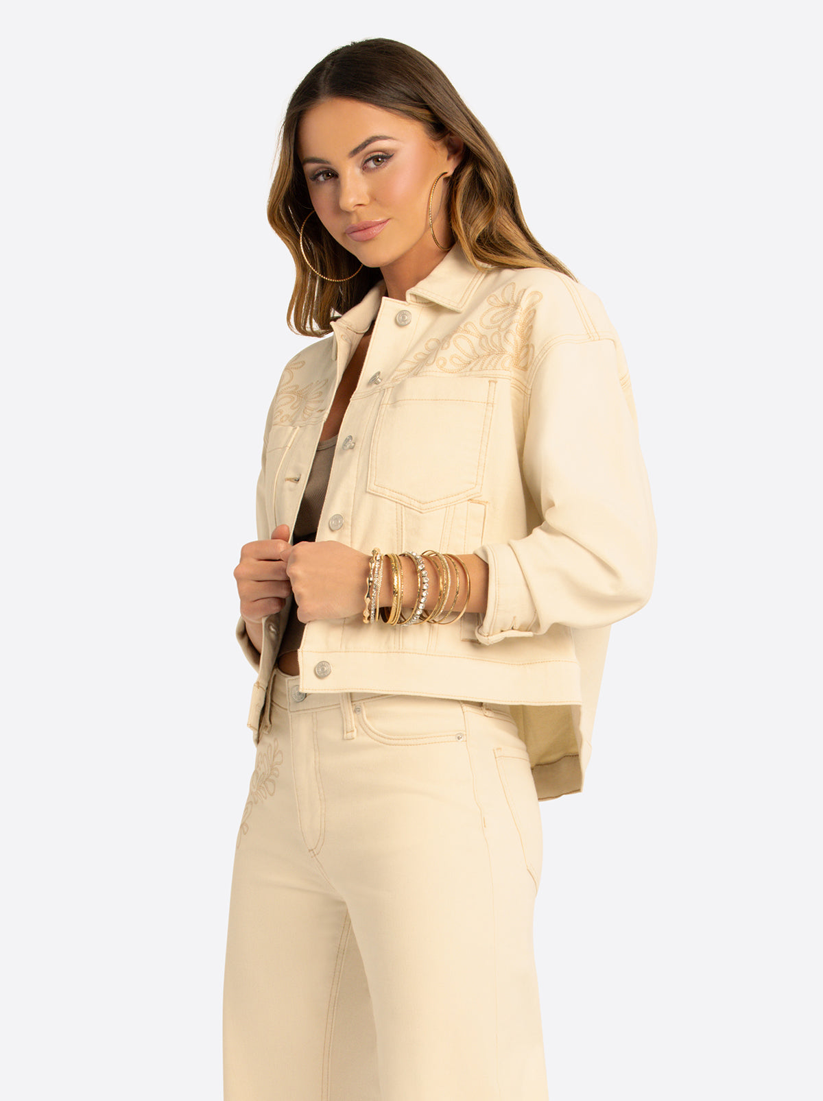 JS Jessica Simpson Pleat Back Denim Jacket  in Undyed Natural