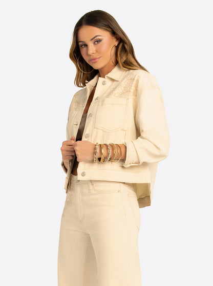 JS Jessica Simpson Pleat Back Denim Jacket  in Undyed Natural