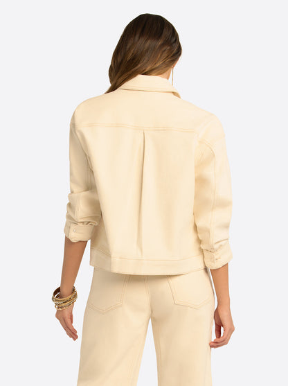 JS Jessica Simpson Pleat Back Denim Jacket  in Undyed Natural