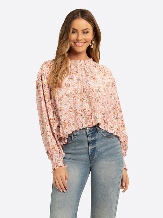 JS Jessica Simpson Anaya Mock Neck Blouse in Shell-Calia Paisley