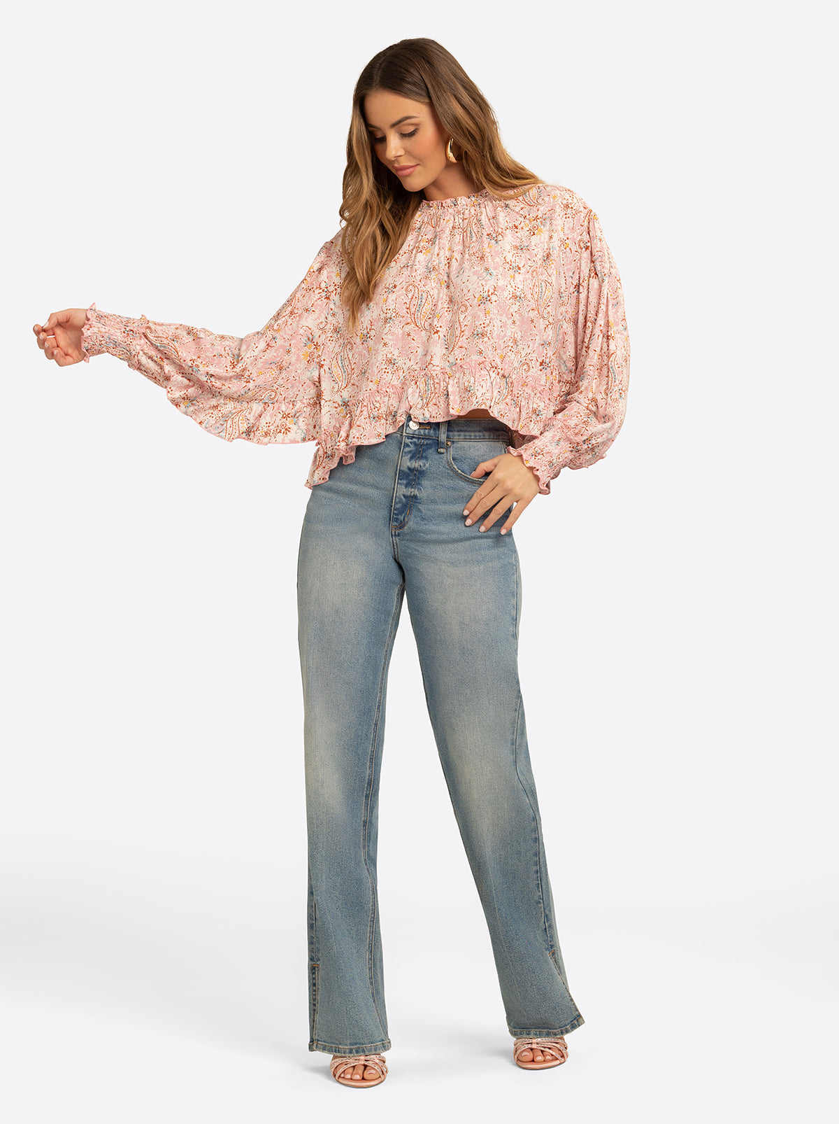 JS Jessica Simpson Anaya Mock Neck Blouse in Shell-Calia Paisley