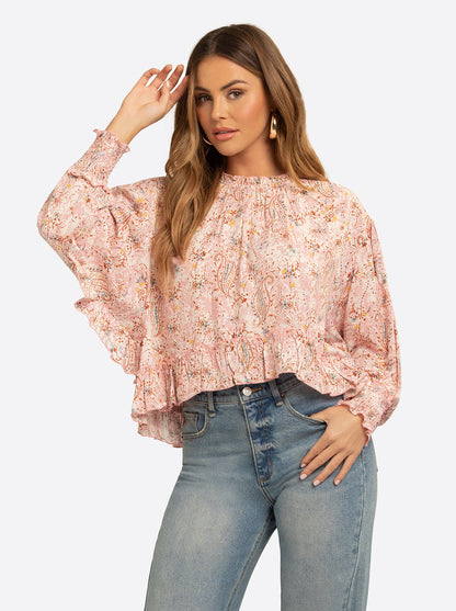 JS Jessica Simpson Anaya Mock Neck Blouse in Shell-Calia Paisley