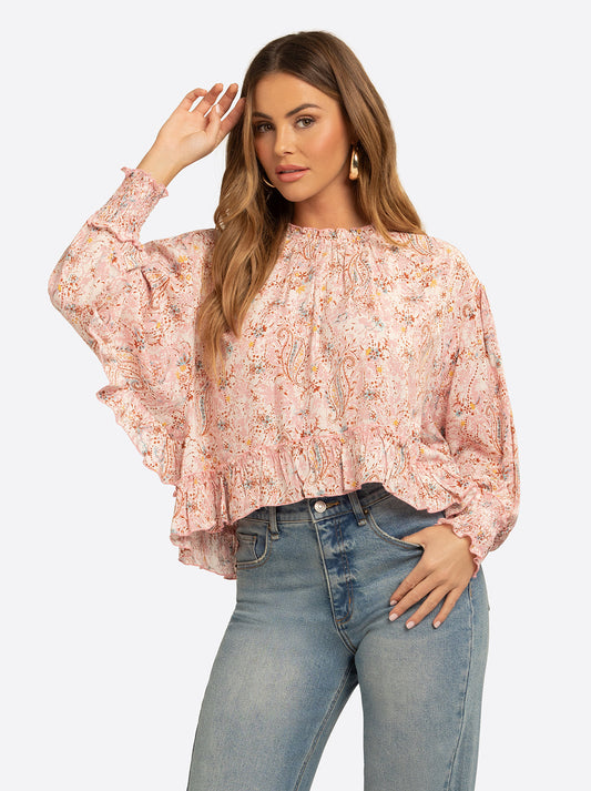 JS Jessica Simpson Anaya Mock Neck Blouse in Shell-Calia Paisley