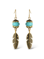 Turquoise Bead Feather Drop Earrings in Gold