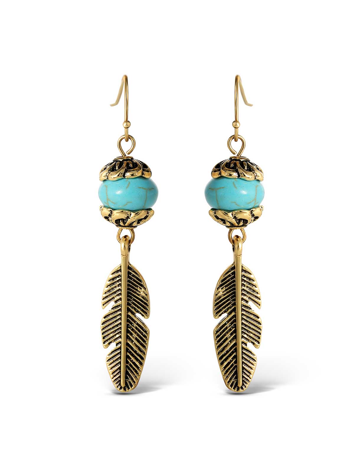 Turquoise Bead Feather Drop Earrings in Gold