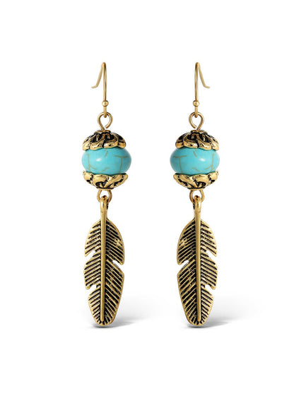 Turquoise Bead Feather Drop Earrings in Gold