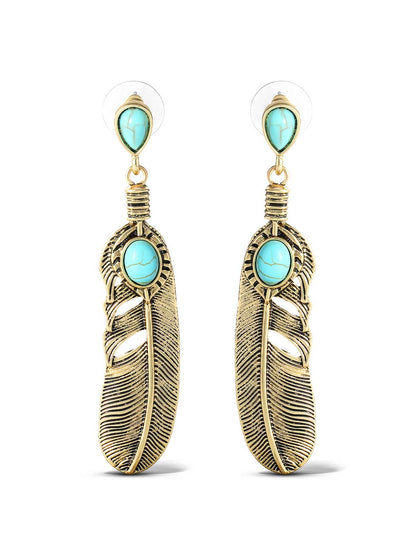 Turquoise Stone Feather Drop Earrings