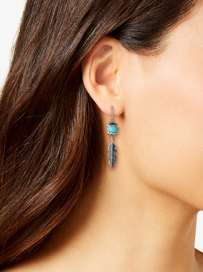 Turquoise Bead Feather Drop Earrings in Silver