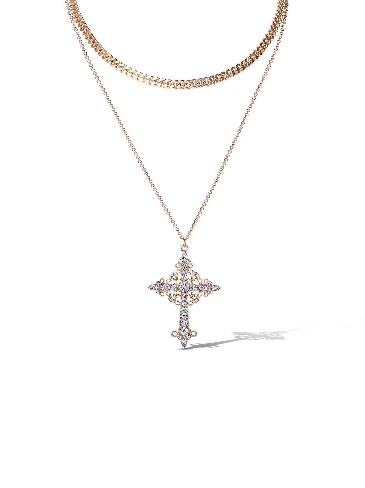 Layered Gold-Tone Cross Pendant Necklace
