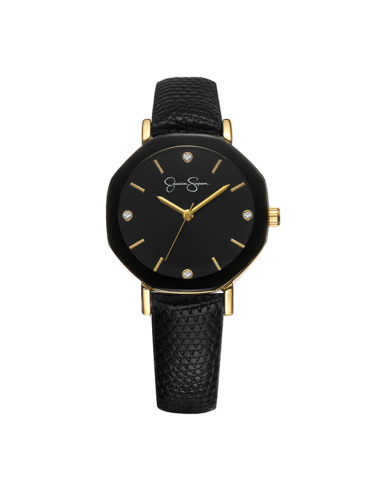 Metallized Bezel Strap Watch in Black & Gold Tone