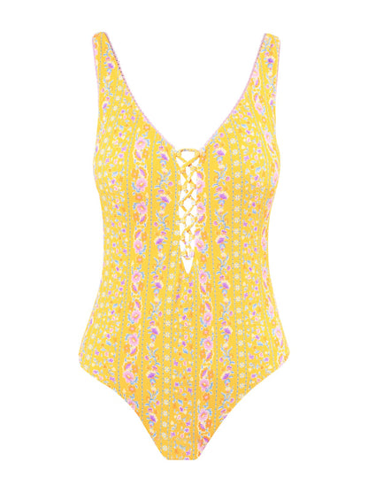 Lace Up One Piece in Foxglove Stripe