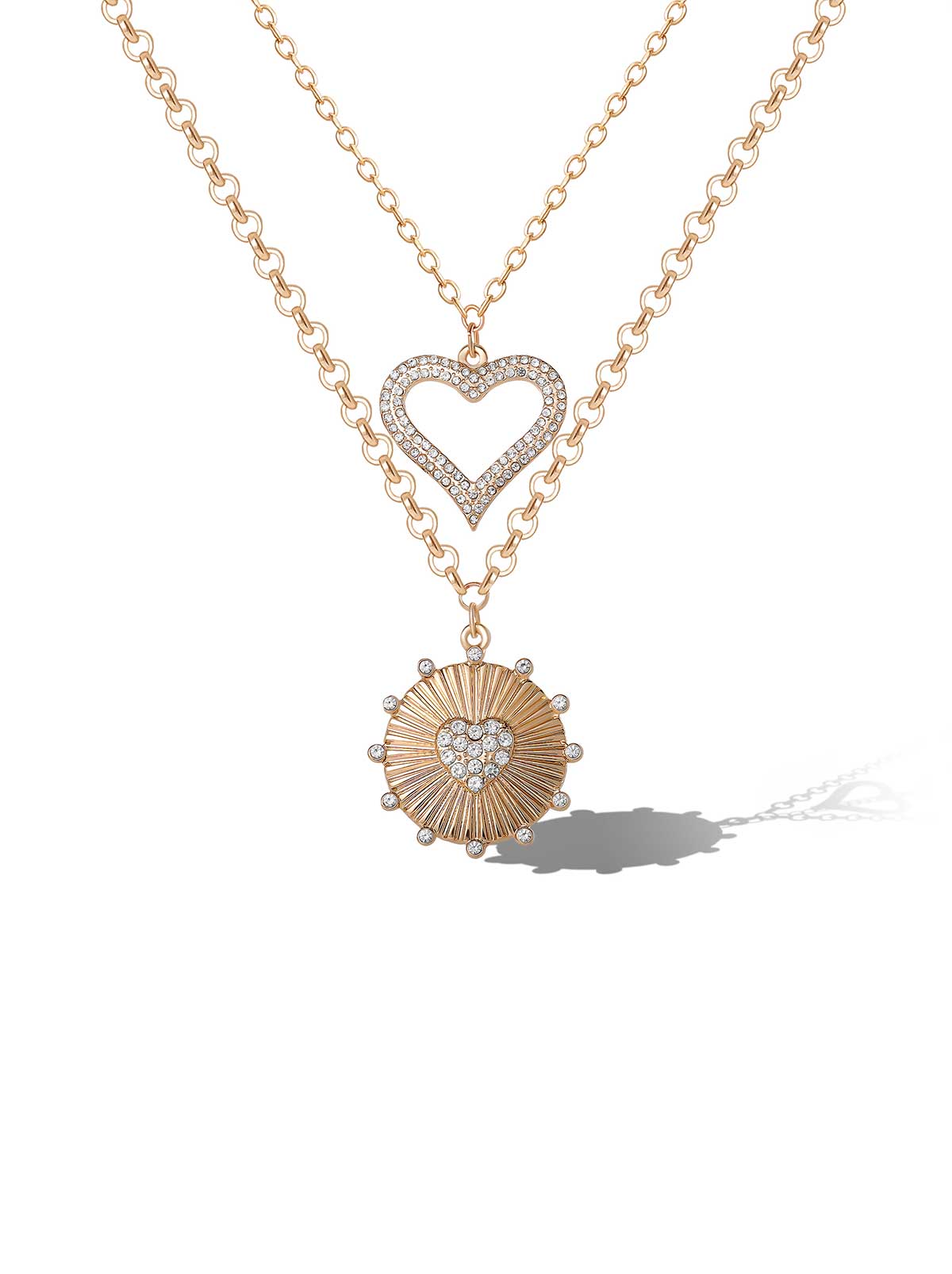 Layered Heart & Sunburst Pendant Necklace Set