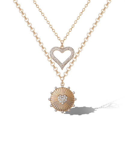 Layered Heart & Sunburst Pendant Necklace Set