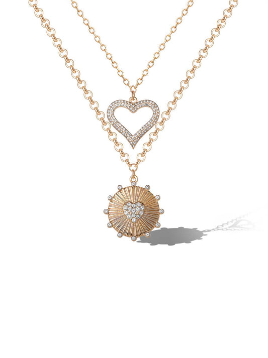Layered Heart & Sunburst Pendant Necklace Set