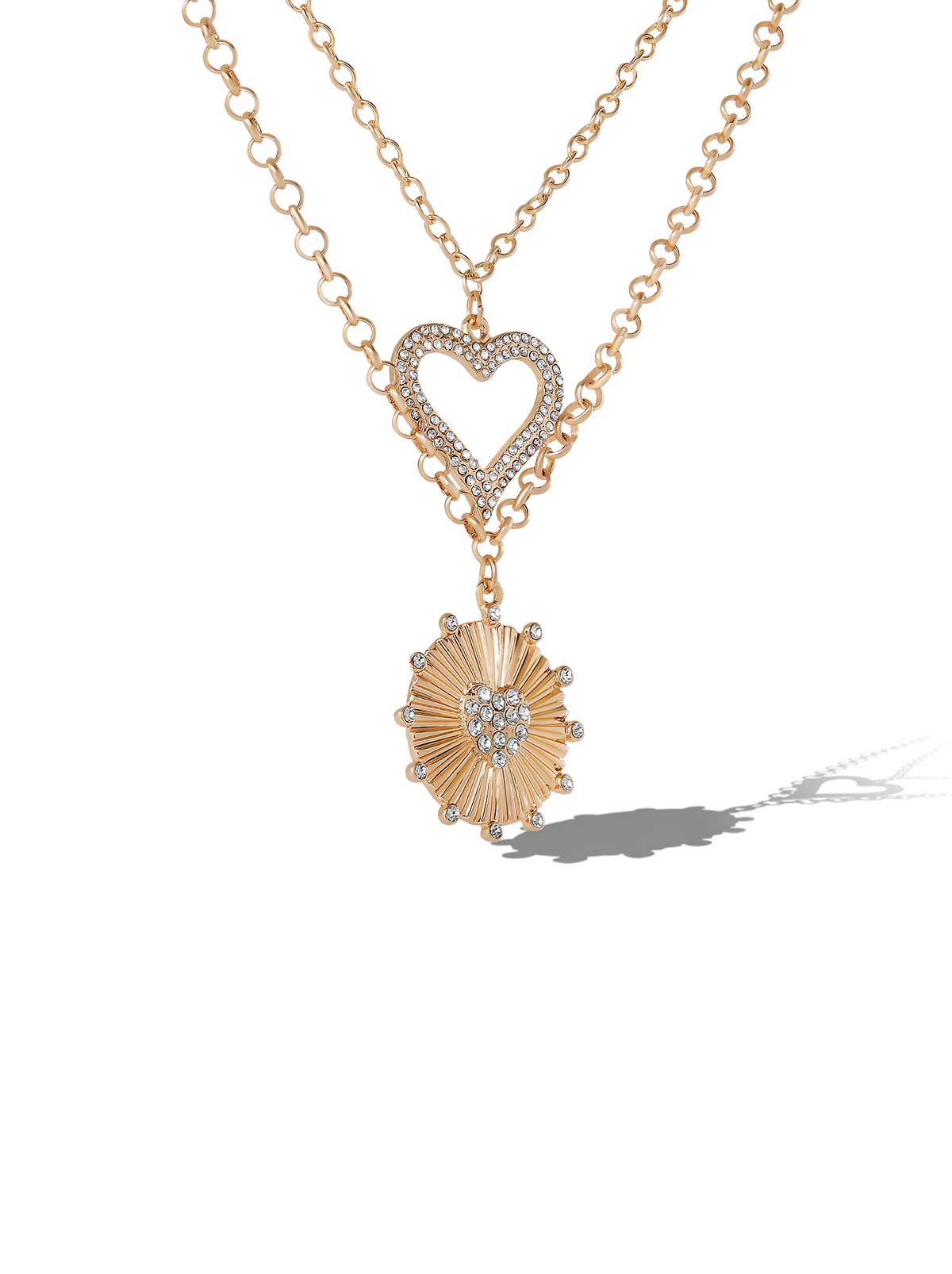 Layered Heart & Sunburst Pendant Necklace Set