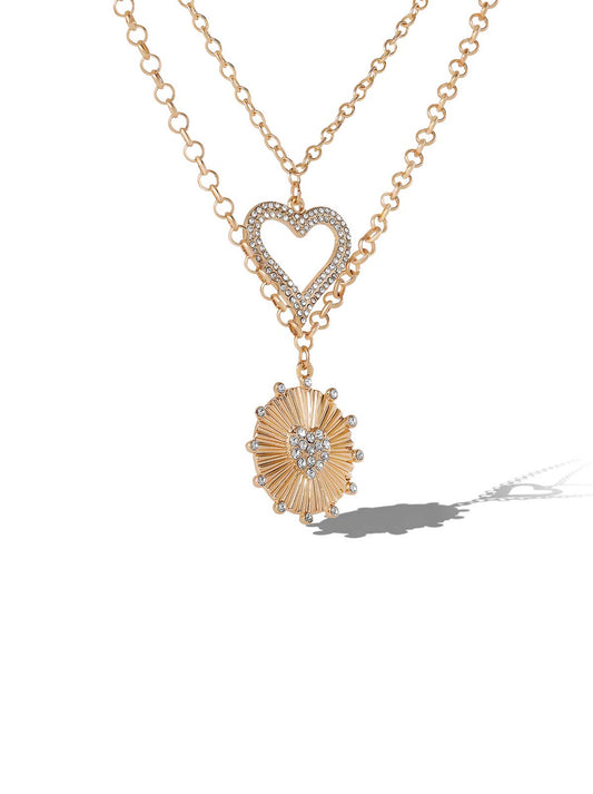 Layered Heart & Sunburst Pendant Necklace Set