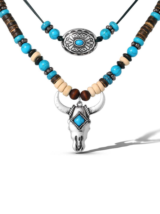 Layered Turquoise Bull Head Necklace