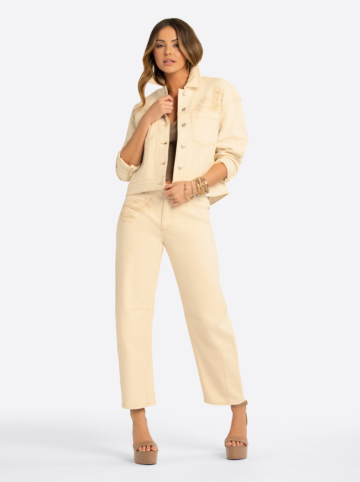 JS Jessica Simpson Pleat Back Denim Jacket  in Undyed Natural