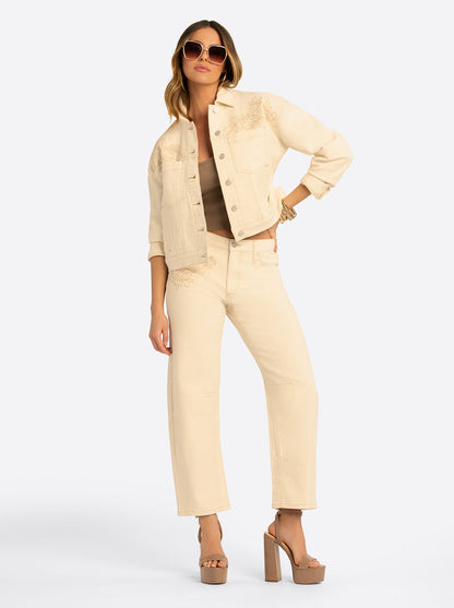 JS Jessica Simpson Pleat Back Denim Jacket  in Undyed Natural
